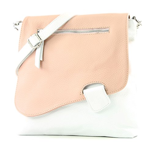 modamoda de - T146 - ital Messengertasche Umhängetasche aus Leder, Farbe:Weiß/Rosa von modamoda de