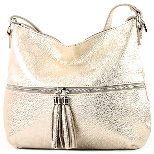 modamoda de - T159 - ital Umhängetasche Schultertasche aus Leder, Farbe:Lightgold von modamoda de