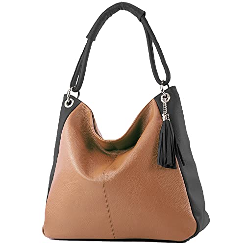 modamoda de - T165 - ital Schultertasche Groß Shopper Leder, Farbe:Cognac/Schwarz von modamoda de