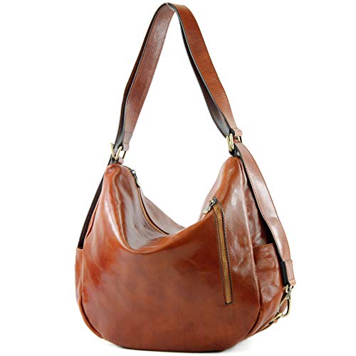 modamoda de - T176 - ital Große Schultertasche aus Glattleder, Farbe:T176 Cognac von modamoda de