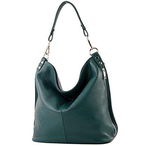 modamoda de - T177 - ital. Damen Schultertasche aus Leder, Farbe:Petrol von modamoda de