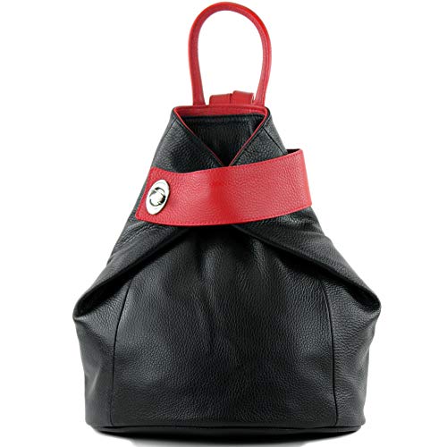 modamoda de - T179 - ital: Damen Rucksack Tasche aus Leder, Farbe:Schwarz/Rot von modamoda de