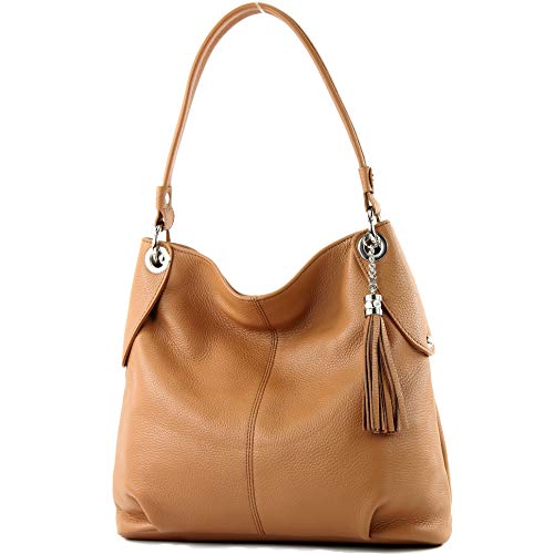 modamoda de - T185 - ital. Damen Schultertasche aus Leder, Farbe:Camel von modamoda de