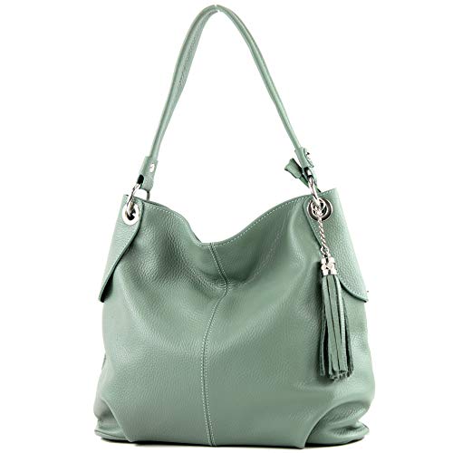 modamoda de - T185 - ital. Damen Schultertasche aus Leder, Farbe:Graugrün von modamoda de