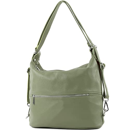 modamoda de - T189 - ital. Damen Rucksack Tasche 2in1 aus Leder, Farbe:Olive von modamoda de