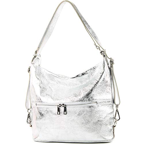 modamoda de - T189 - ital. Damen Rucksack Tasche 2in1 aus Leder, Farbe:Silber von modamoda de