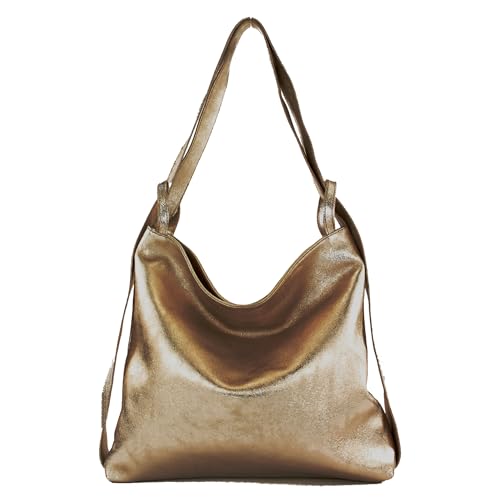 modamoda de - T192 - ital. Damen Rucksacktasche 2in1 aus Leder, Farbe:Altgold-Metallic von modamoda de