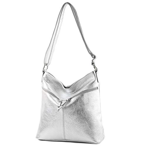 modamoda de - T196 - ital Umhängetasche Schultertasche aus Leder, Farbe:Silber-Metallic von modamoda de