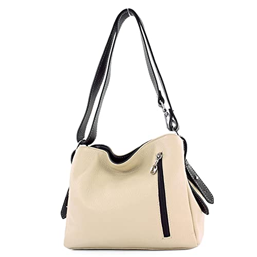 modamoda de - T220 - ital. Schultertasche Klein aus Echtleder, Farbe:Creme/Dunkelbraun von modamoda de