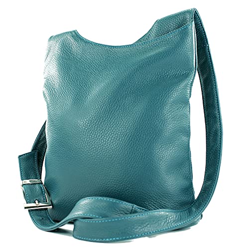 modamoda de - T221 - ital. Umhängetasche Schultertasche Medium aus Leder, Farbe:Petrol von modamoda de