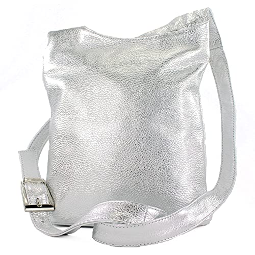 modamoda de - T221 - ital. Umhängetasche Schultertasche Medium aus Leder, Farbe:Silber-Metallic von modamoda de