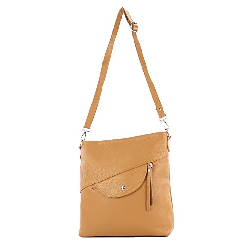 modamoda de - T223 - ital. Umhängetasche Schultertasche Medium aus Leder, Farbe:Camel von modamoda de