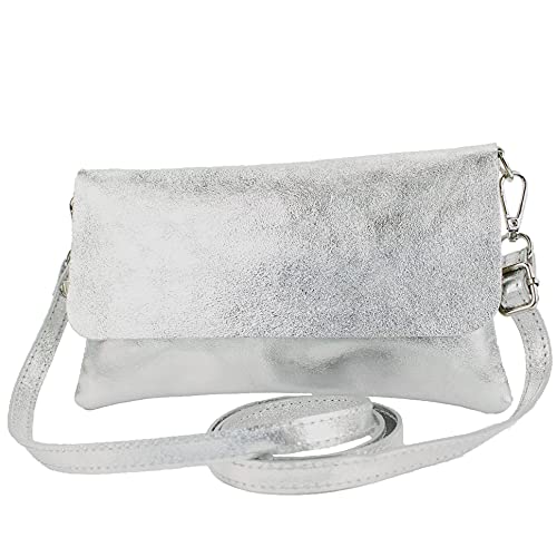 modamoda de - T226 - ital. Leder Clutch Umhängetasche Klein Small, Farbe:Silber-Metallic von modamoda de