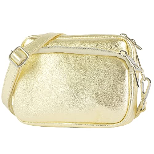 modamoda de - T231 - ital. Umhängetasche Klein Small aus Leder, Farbe:Lightgold Metallic von modamoda de