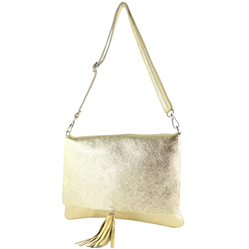 modamoda de - T241 - ital. Leder Clutch Umhängetasche Medium, Farbe:Lightgold Metallic von modamoda de