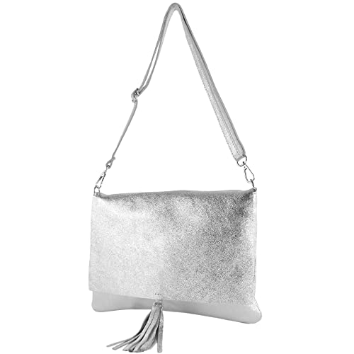 modamoda de - T241 - ital. Leder Clutch Umhängetasche Medium, Farbe:Silber-Metallic von modamoda de