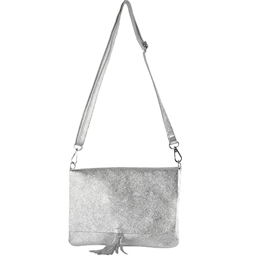 modamoda de - T242 - ital. Leder Clutch Umhängetasche Small, Farbe:Silber-Metallic von modamoda de