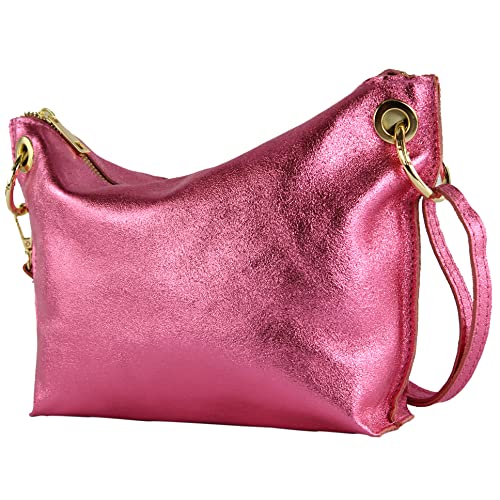 modamoda de - T243 - ital. Umhängetasche Klein Small aus Leder, Farbe:Candy Pink Metallic von modamoda de