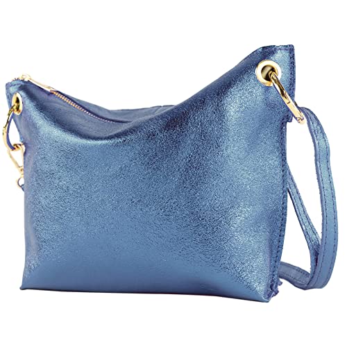 modamoda de - T243 - ital. Umhängetasche Klein Small aus Leder, Farbe:Jeansblau-Metallic von modamoda de