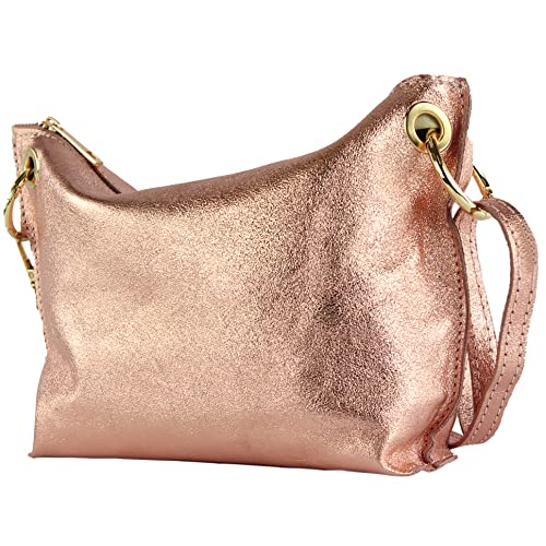 modamoda de - T243 - ital. Umhängetasche Klein Small aus Leder, Farbe:Roségold-Metallic von modamoda de