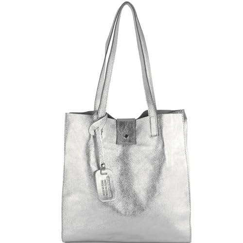 modamoda de - T247 - Ital. Leder Shopper mit herausnehmbarer Innentasche, Farbe:Silber-Metallic von modamoda de