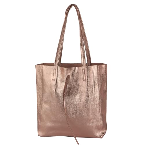 modamoda de - T253 - Ital. Henkeltasche mit Innentasche aus Leder, Farbe:Rosé-Metallic von modamoda de