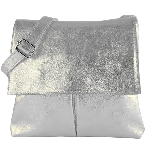 modamoda de - T63LEDER - Damen Umhängetasche aus Leder, Farbe:Silber-Metallic von modamoda de