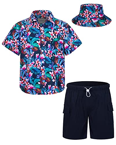 mohez Kind Jungen Bekleidungssets Sommer Hawaiian Kurzarm button down Hemd + Cargo Shorts + Eimerhut Set Blumen Muster Lila Hemd 13-14 Jahre von mohez