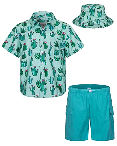 mohez Kind Jungen Bekleidungssets Sommer Hawaiian Kurzarm button down Hemd + Cargo Shorts + Eimerhut Set Kakteengewächse Muster Grün Hemd 3-4 Jahre von mohez