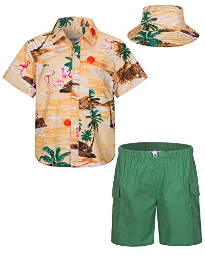 MOHEZ Kind Jungen Bekleidungssets Sommer Hawaiian Kurzarm button down Hemd + Cargo Shorts + Eimerhut Set Kokospalme Muster Gelb Hemd 13-14 Jahre von MOHEZ