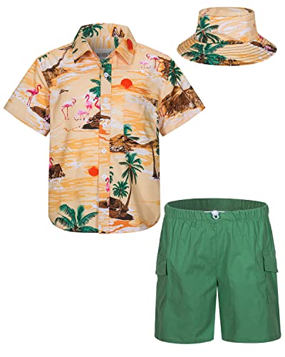 mohez Kind Jungen Bekleidungssets Sommer Hawaiian Kurzarm button down Hemd + Cargo Shorts + Eimerhut Set Kokospalme Muster Gelb Hemd 3-4 Jahre von mohez
