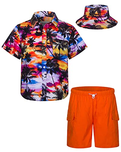 MOHEZ Kind Jungen Bekleidungssets Sommer Hawaiian Kurzarm button down Hemd + Cargo Shorts + Eimerhut Set Kokospalme Muster Lila Hemd 3-4 Jahre von MOHEZ