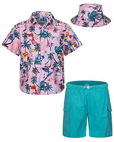 mohez Kind Jungen Bekleidungssets Sommer Hawaiian Kurzarm button down Hemd + Cargo Shorts + Eimerhut Set Kokospalme Muster Rosa Hemd 11-12 Jahre von mohez