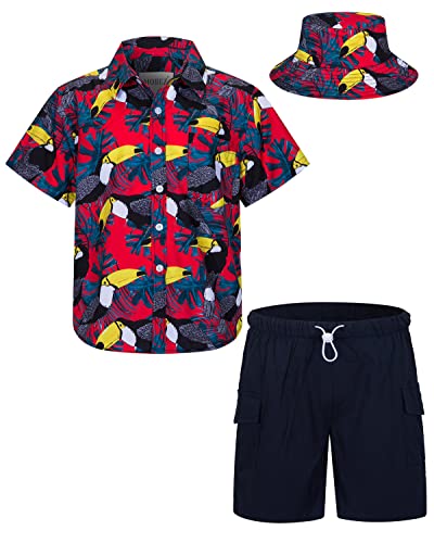 MOHEZ Kind Jungen Bekleidungssets Sommer Hawaiian Kurzarm button down Hemd + Cargo Shorts + Eimerhut Set Papagei Muster Rot Hemd 5-6 Jahre von MOHEZ