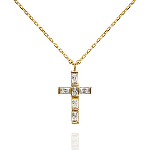 namana Kreuz Halskette mit Baguette-Zirkonia, Kreuz-Anhänger mit Halskette in Silber oder Gold, mit Steinen überzogen, Kreuzkette mit Geschenkbox (Gold, Vergoldet) von namana