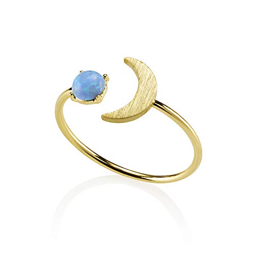 namana Opal-Ring für Damen, offener Goldring mit zierlichem gebürstetem Finish und einem sichelförmigen Mondmotiv mit einem künstlichen blauen Opal, Verstellbarer Damenring, Gold Ring mit Stein von namana