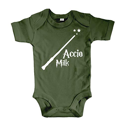 net-shirts Organic Baby Body mit Accio Milk Aufdruck Spruch Motiv süß Cute Strampler aus Bio-Baumwolle Inspired by Harry Potter, Größe 3-6 Monate, Oliv von net-shirts