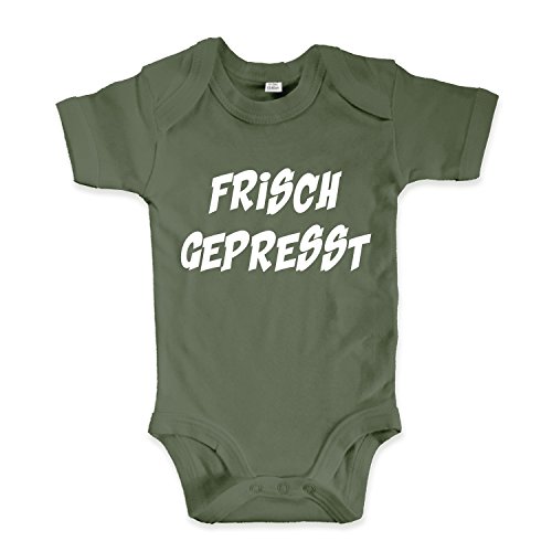 net-shirts Organic Baby Body mit Frisch Gepresst Aufdruck Spruch lustig Strampler Babybekleidung aus Bio-Baumwolle mit Zertifikat, Größe 0-3 Monate, Oliv von net-shirts
