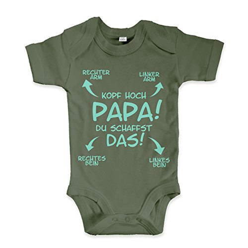 net-shirts Organic Baby Body mit Papa du schaffst das - Kopf hoch Aufdruck Spruch lustig Strampler Babybekleidung aus Bio-Baumwolle mit Zertifikat, Größe 3-6 Monate, Oliv von net-shirts