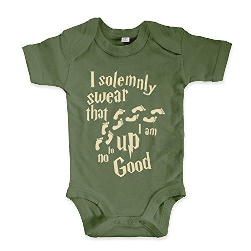 net-shirts Organic Baby Body mit Up to no Good Aufdruck Spruch lustig Strampler Babybekleidung aus Bio-Baumwolle mit Zertifikat Inspired by Harry Potter, Größe 3-6 Monate, Oliv von net-shirts