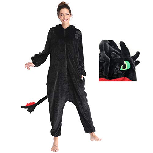 nezababy Toothless Onesie Kostüm Pyjama Tier Drachenschwanz Flanell Kostüm Plüsch Overall Halloween Weihnachtspyjama für die Familie von nezababy