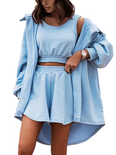 nicticsi Damen 3 Stück Casual Outfits Revers Langarm Shirt Crop Top Hohe Taille Shorts Sommer Elegant Y2K Streetwear Oversize Tracksuit Loungewear Sportswear Anzüge Blau L von nicticsi