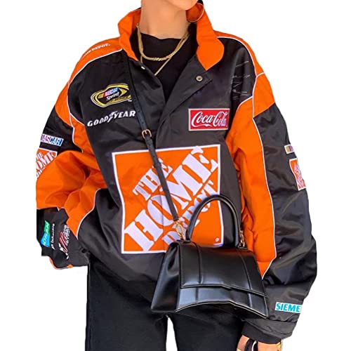 nicticsi Damen Bomberjacke College Oversized Patchwork Bedruckte Jacke 90S Vintage Racing Sweatjacke Reißverschluss Sweat Jacket Baseball Mantel Übergangsjacke Teenager Frühling Herbst A7 Orange L von nicticsi