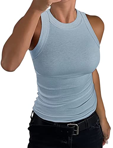 nicticsi Damen Tanktop Ärmellose Rundhals Oberteile Basic Sommer Racerback Slim Fit Neckholder Shirts Elegant Ribbed Knit Cami Top Mode Einfarbig Unterhemden Crop Tops A Hellblau S von nicticsi