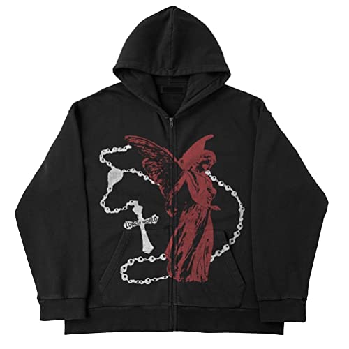 nicticsi Herren Damen Kapuzenpullover Zip Up Hoodie Hip Hop Sweatshirt Jacke Goth Druck Kapuzenjacke mit Reißverschluss Straßenmode Vintage Y2K Harajuku Paare Unisex Herbst Frühling Schwarz K M von nicticsi