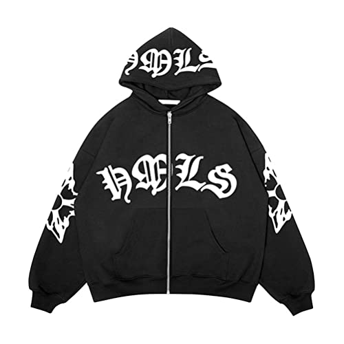 nicticsi Herren Damen Kapuzenpullover Zip Up Hoodie Hip Hop Sweatshirt Jacke Goth Druck Kapuzenjacke mit Reißverschluss Straßenmode Vintage Y2K Harajuku Paare Unisex Herbst Frühling Schwarz N S von nicticsi