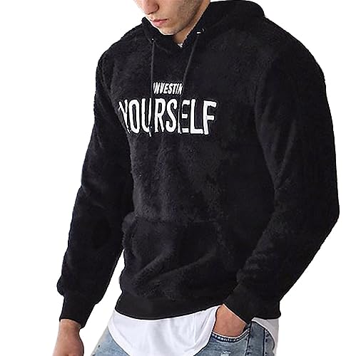 nicticsi Teddy Fleece Winter Pullover Herren Hoodie Kapuzenpullover Warm Weich Flauschig Sweater Fuzzy Oberteile mit Reißverschlüsse und Taschen Sweatshirt Stehkragen Übergangsjacke E Schwarz L von nicticsi