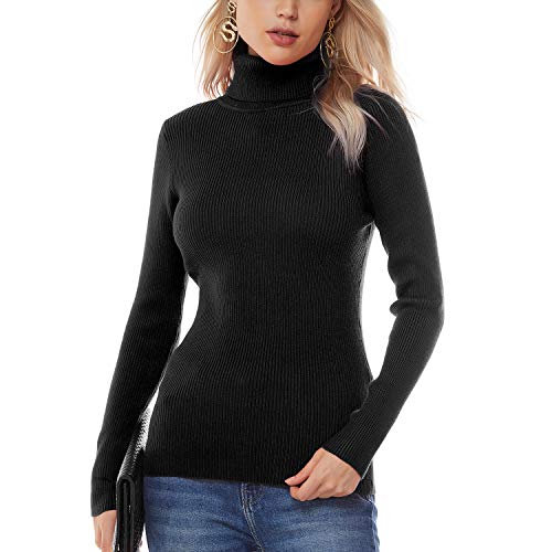 nine bull Damen Stretch Rollkragenpullover Strickpullover Streifen Rollkragen Top - Schwarz - Klein von nine bull