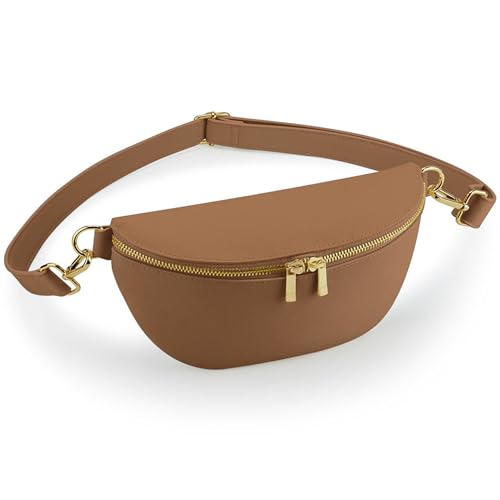 Damen Cross Body Bag längenverstellbarer Gurt Hüfttasche Bauchtasche für Damen aus mattem Kunstleder mit Metall Reissverschluss und Innenfach (Tan (Braun)) von noTrash2003