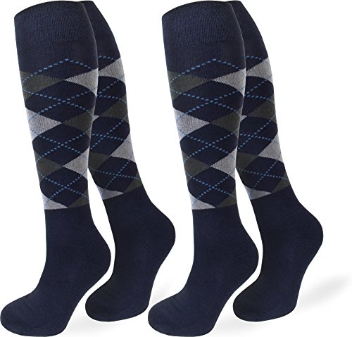 2 Paar Reitsocken mit karo Design - Kniestrümpfe mit dicker Polstersohle Farbe W Dunkelblau Größe 43-46 von normani